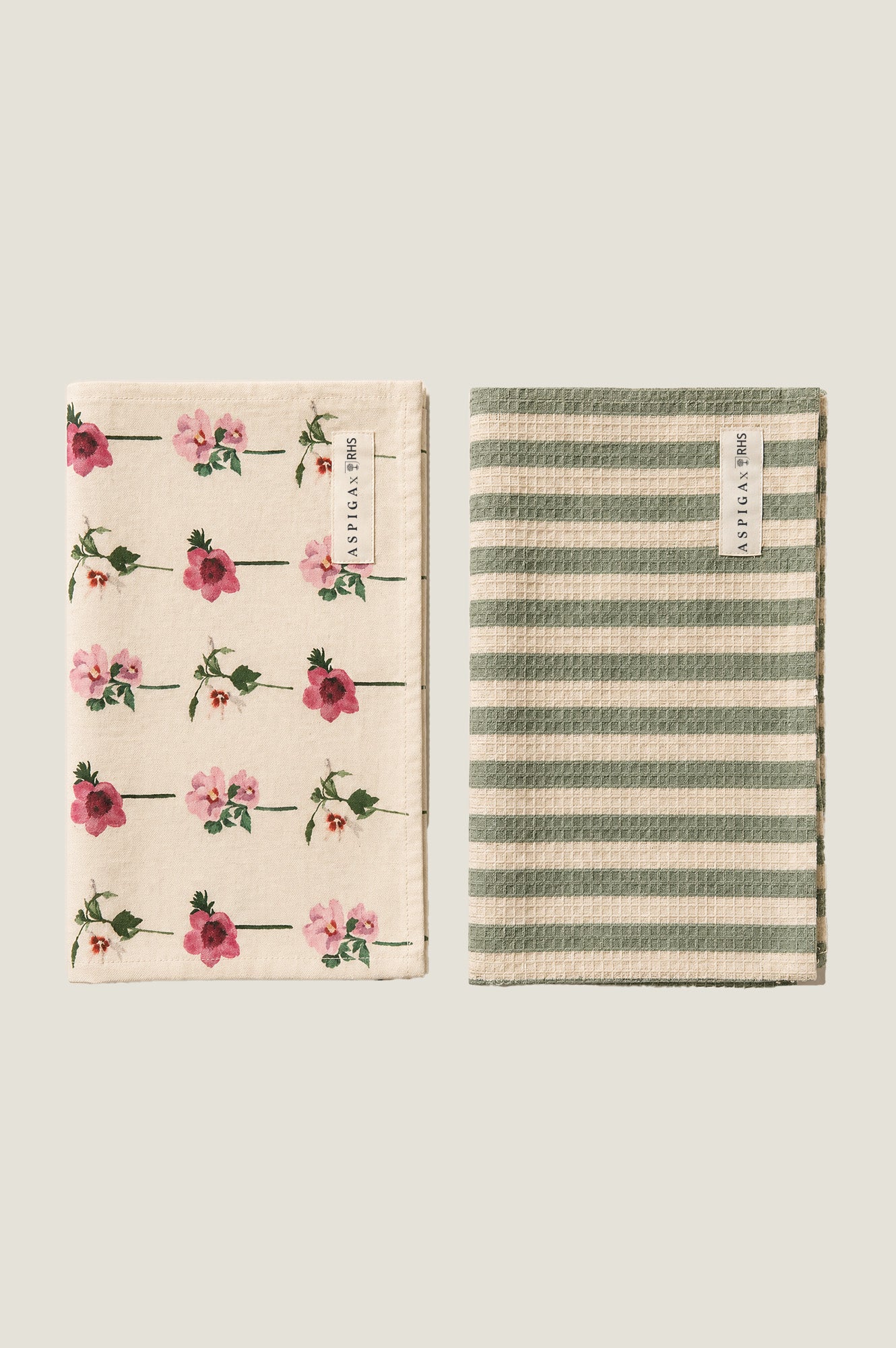 RHS Block Print Organic Cotton Tea Towel Set Of 2 | Sage/Cream - Image 2
