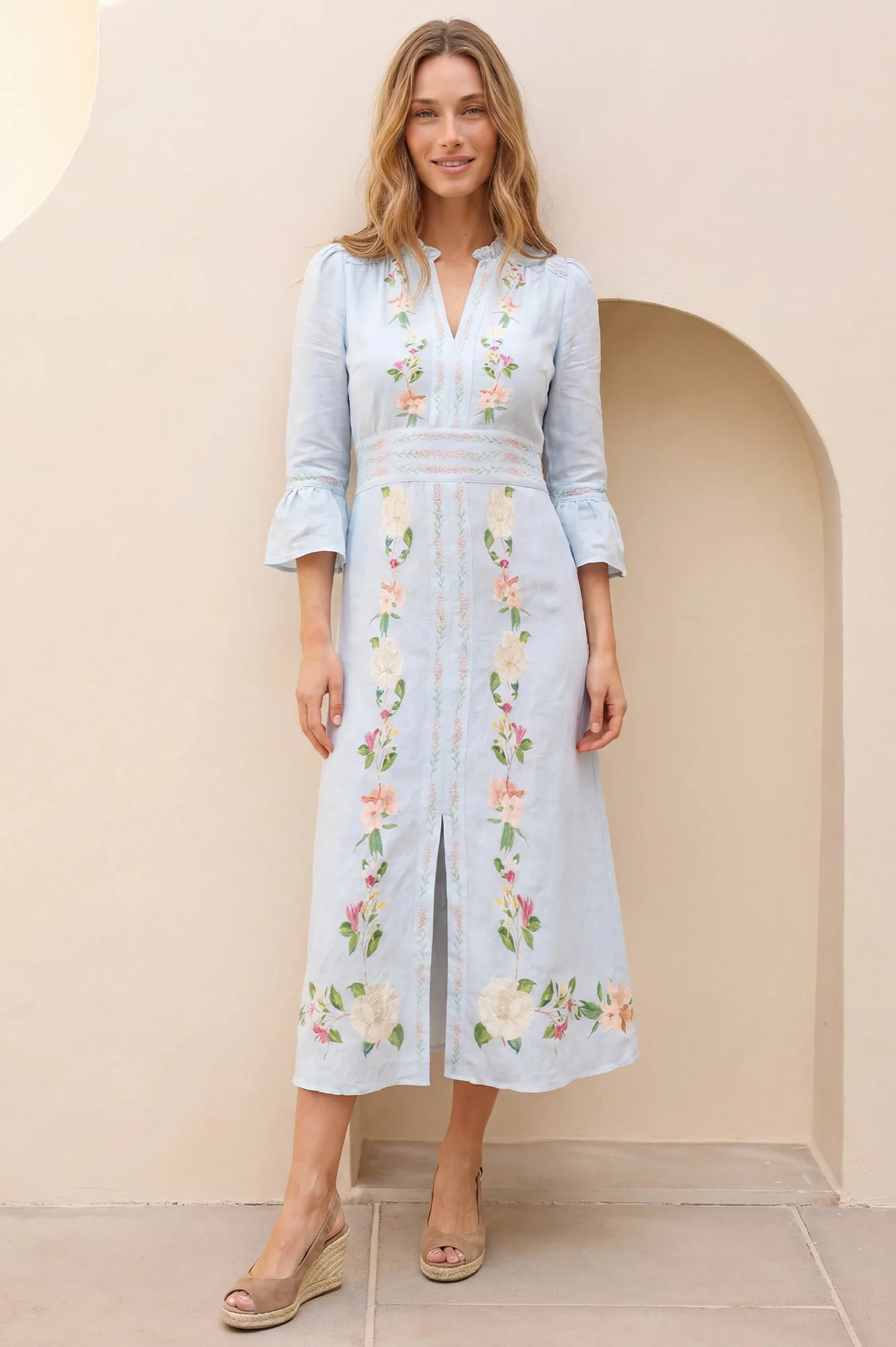 RHS Floral Printed Linen Dress | Pale Blue - Image 3