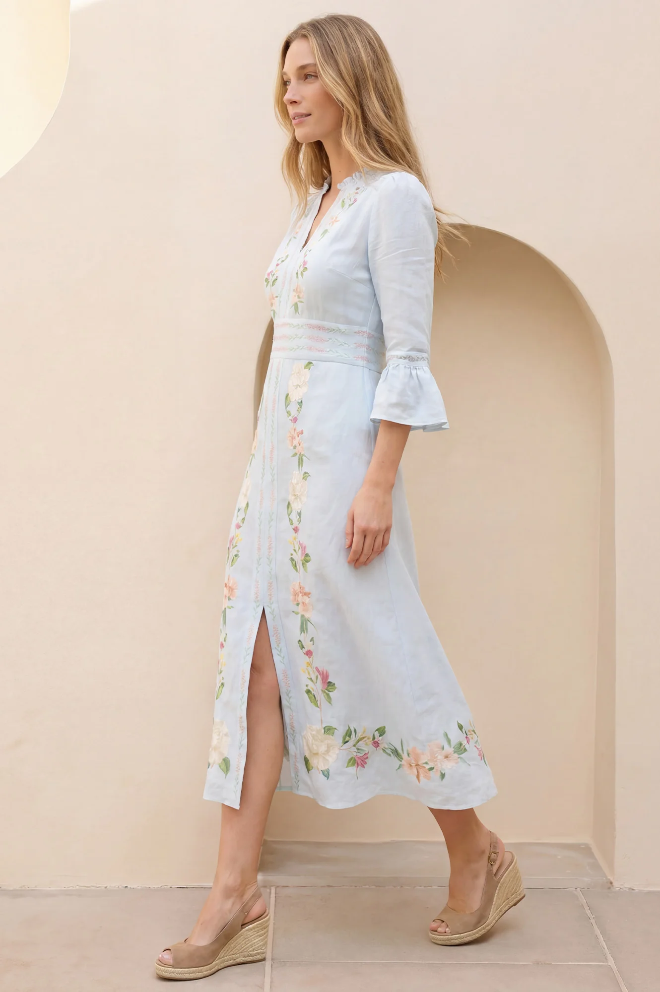 RHS Floral Printed Linen Dress | Pale Blue - Image 5