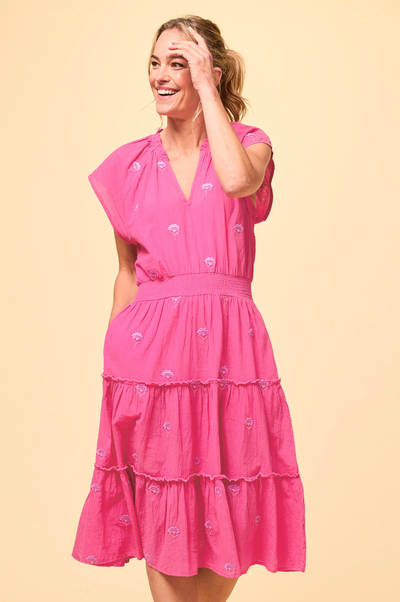 Riley Embroidered Organic Cotton Dress | Stawberry Pink/Lilac - Image 6