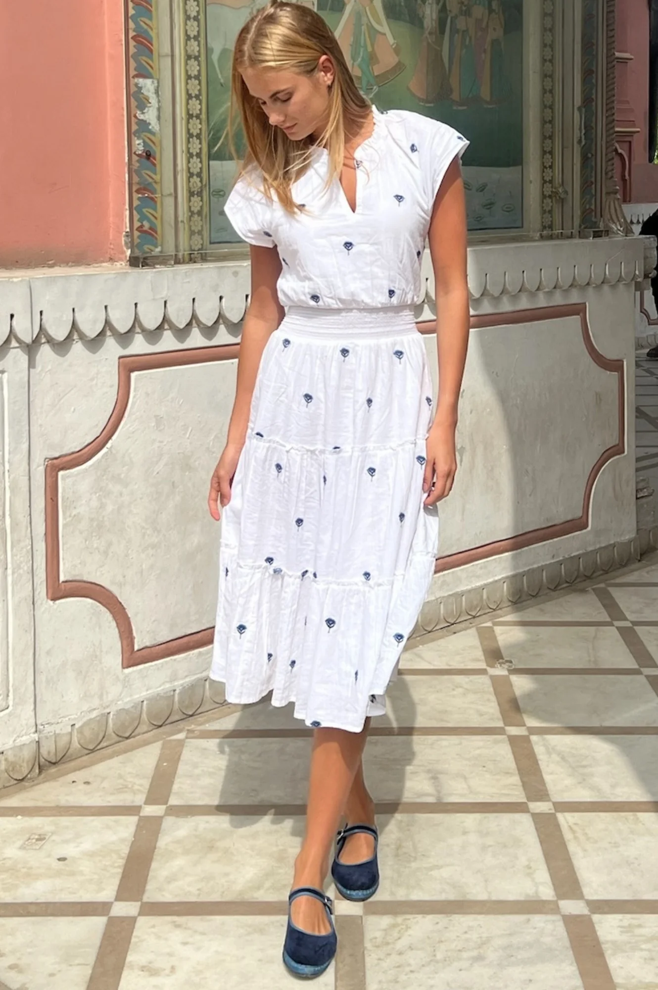 Riley Embroidered Organic Cotton Dress | White/Blue - Image 4