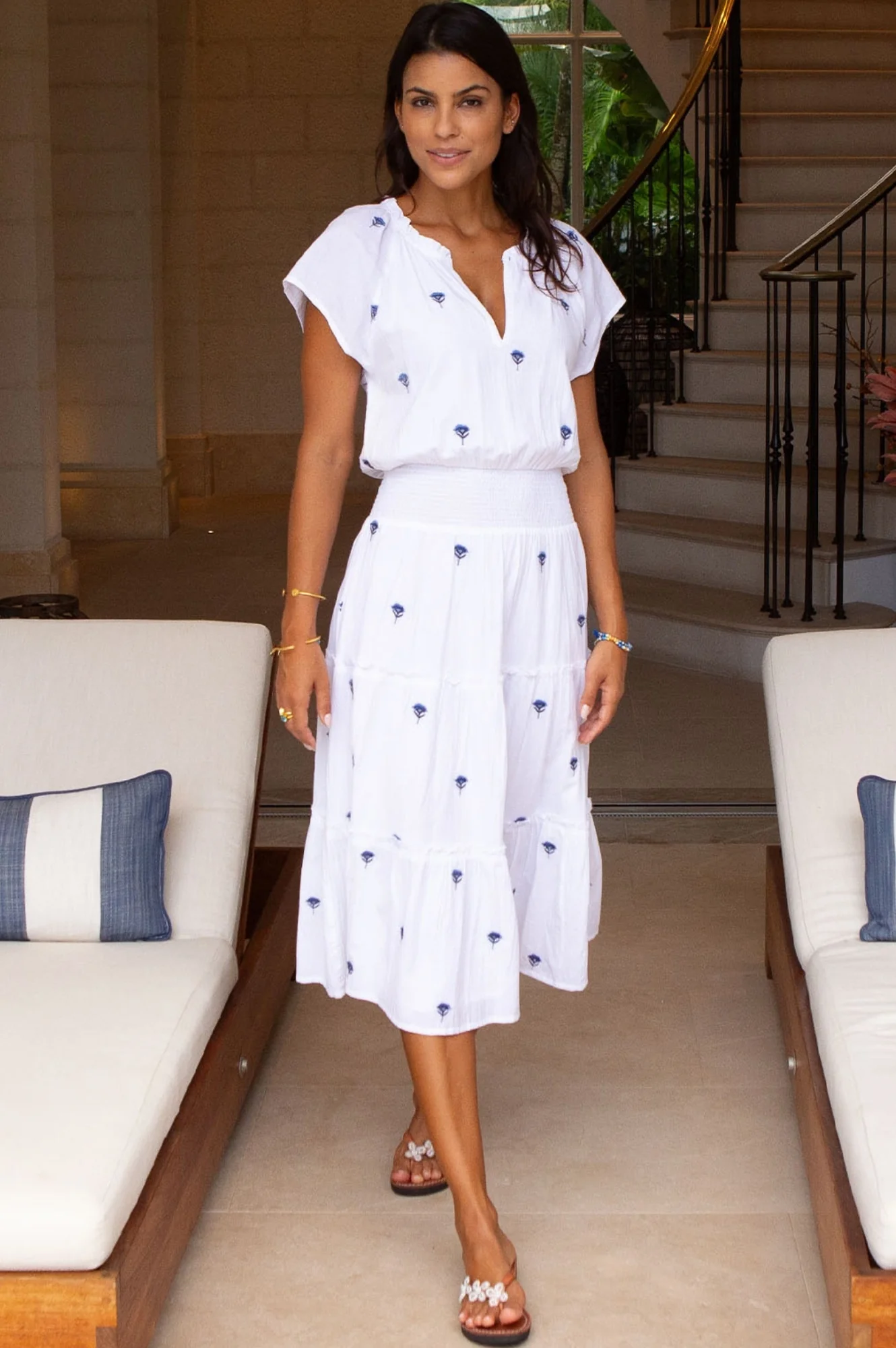 Riley Embroidered Organic Cotton Dress | White/Blue - Image 5