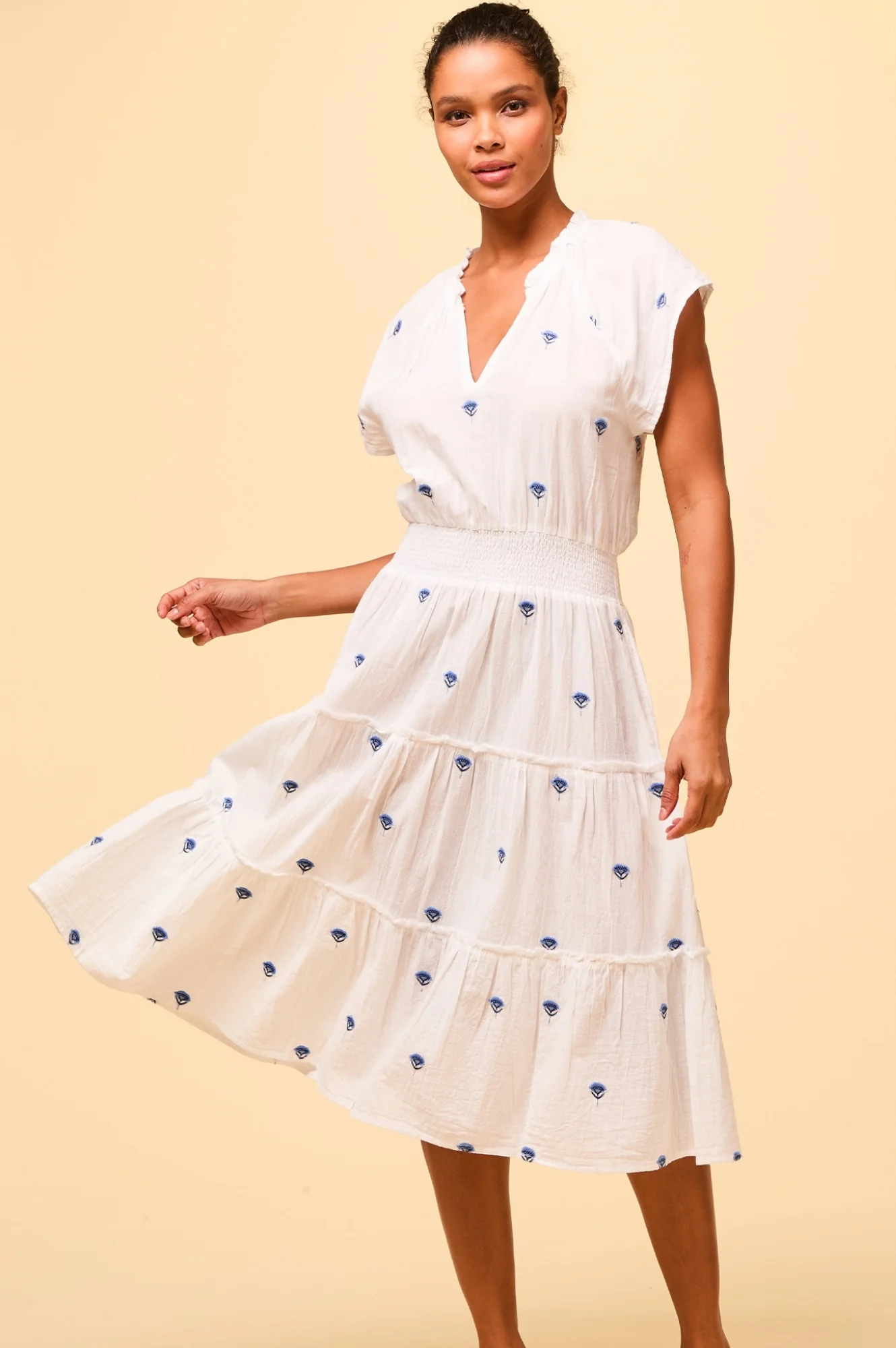 Riley Embroidered Organic Cotton Dress | White/Blue - Image 6