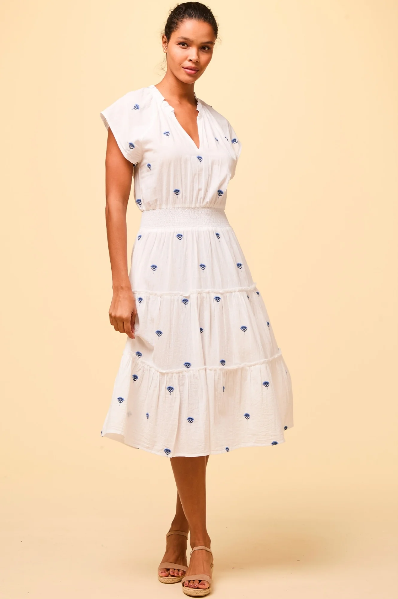 Riley Embroidered Organic Cotton Dress | White/Blue - Image 8