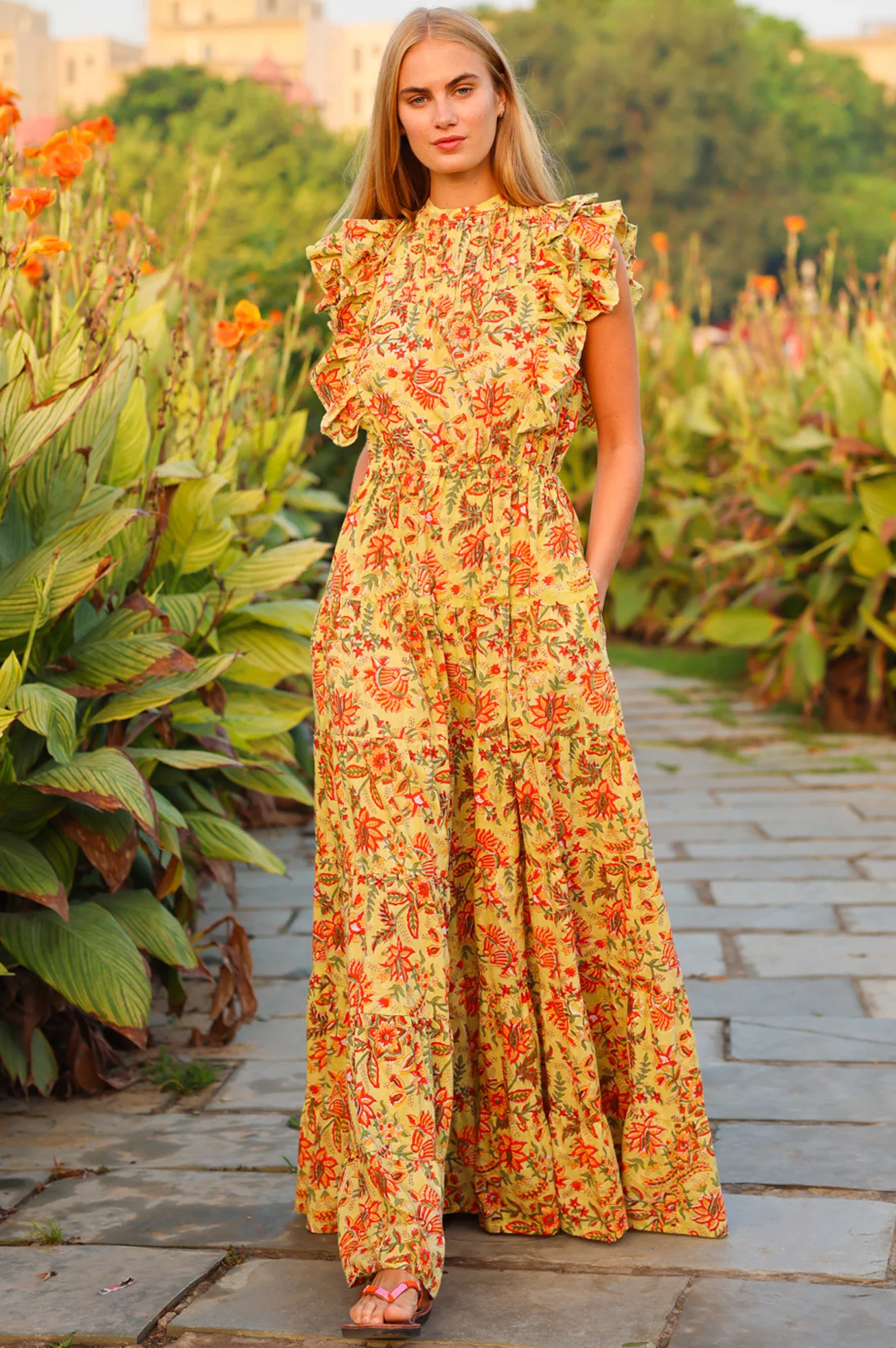 Rose Frill Maxi Dress | Green/Orange - Image 3