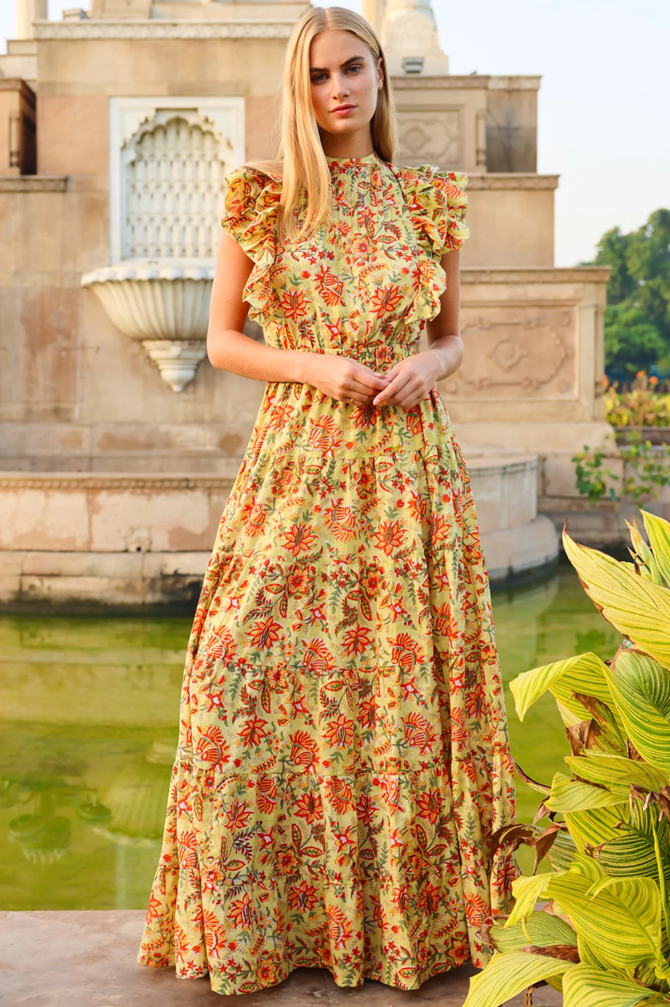 Rose Frill Maxi Dress | Green/Orange - Image 5