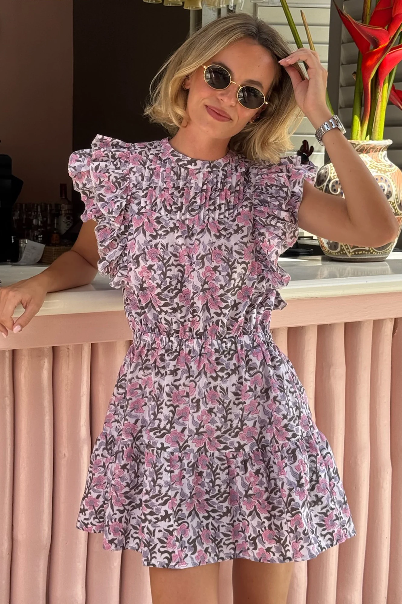 Rose Frill Mini Dress | White/Green/Pink - Image 3