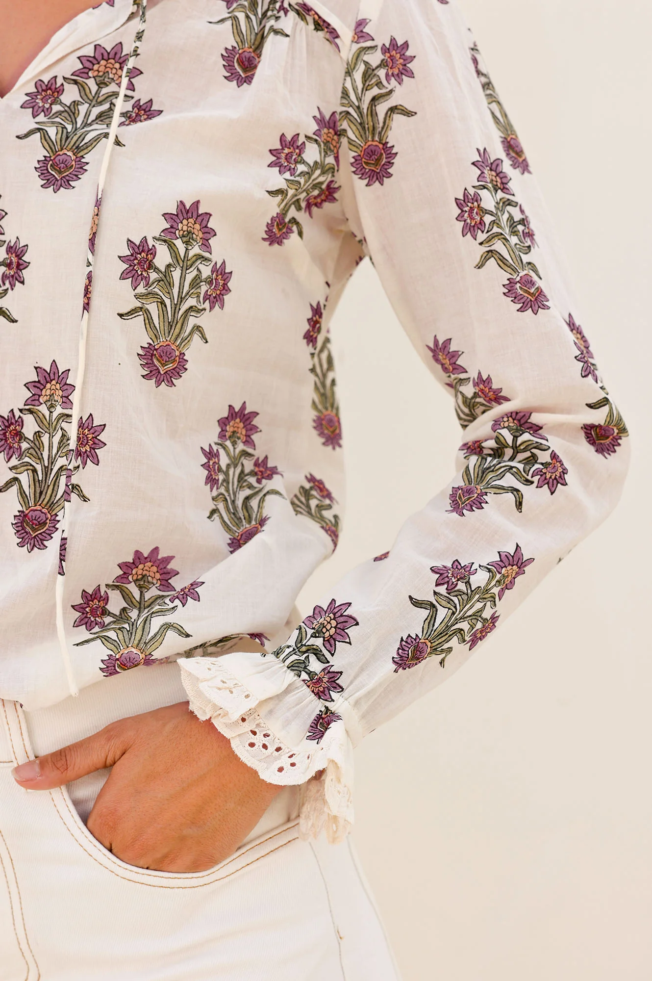 Rosie Organic Cotton Block Print Blouse | Antique Wildflower Cream/Red/Green - Image 3