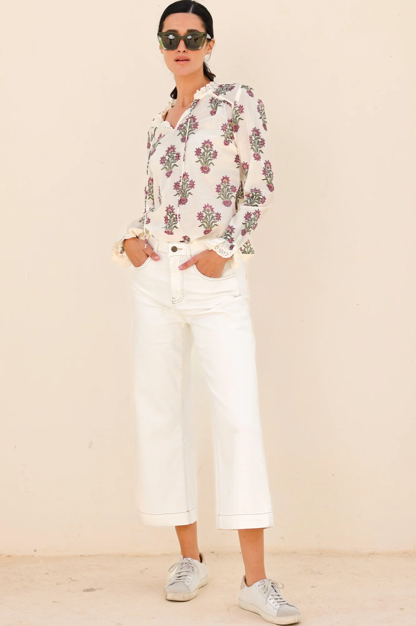 Rosie Organic Cotton Block Print Blouse | Antique Wildflower Cream/Red/Green - Image 4