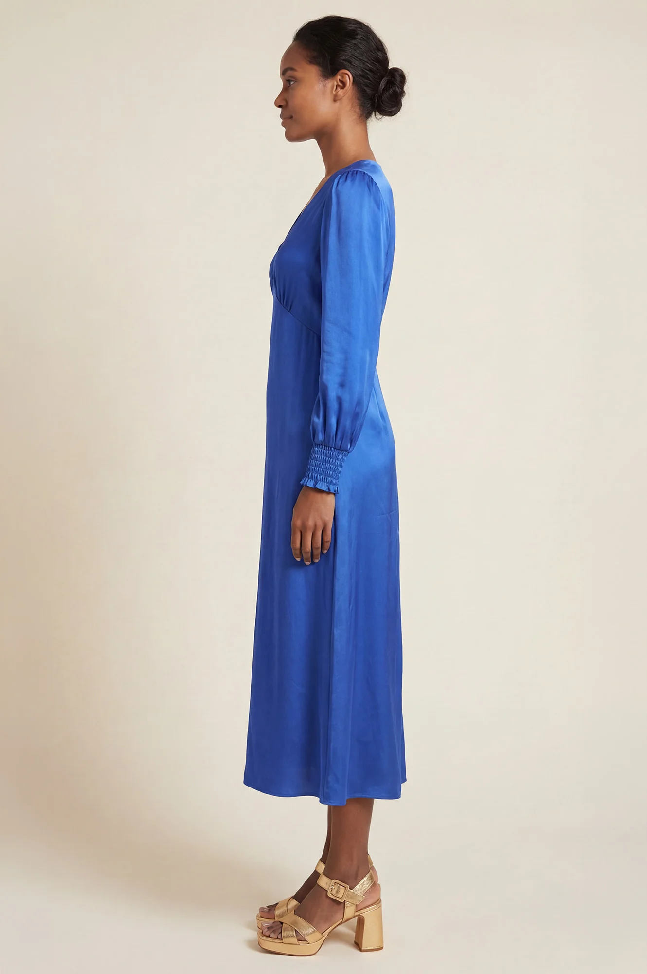 Sabine Long Sleeved Hammered Satin Dress | Blue - Image 3