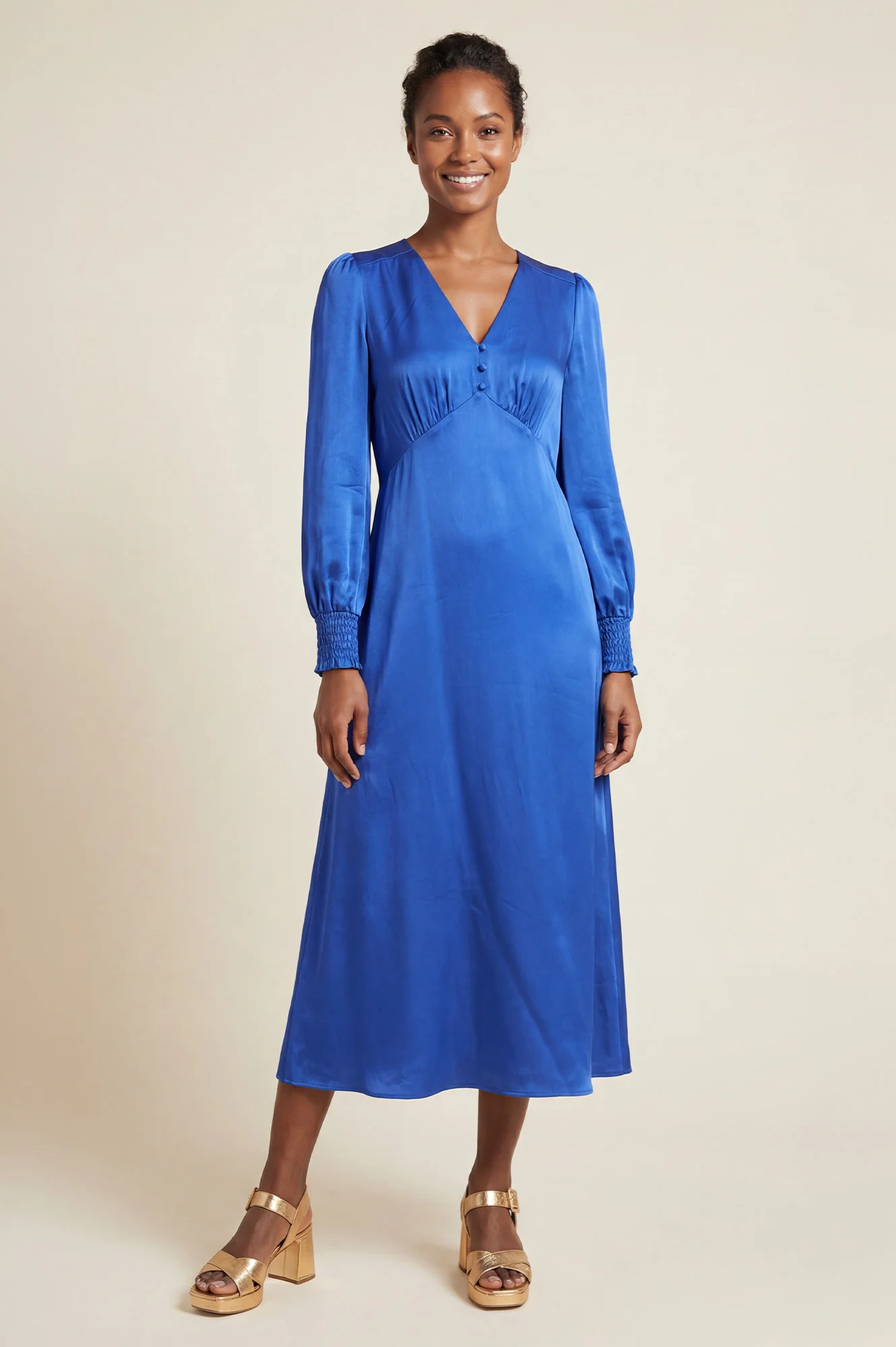 Sabine Long Sleeved Hammered Satin Dress | Blue - Image 4