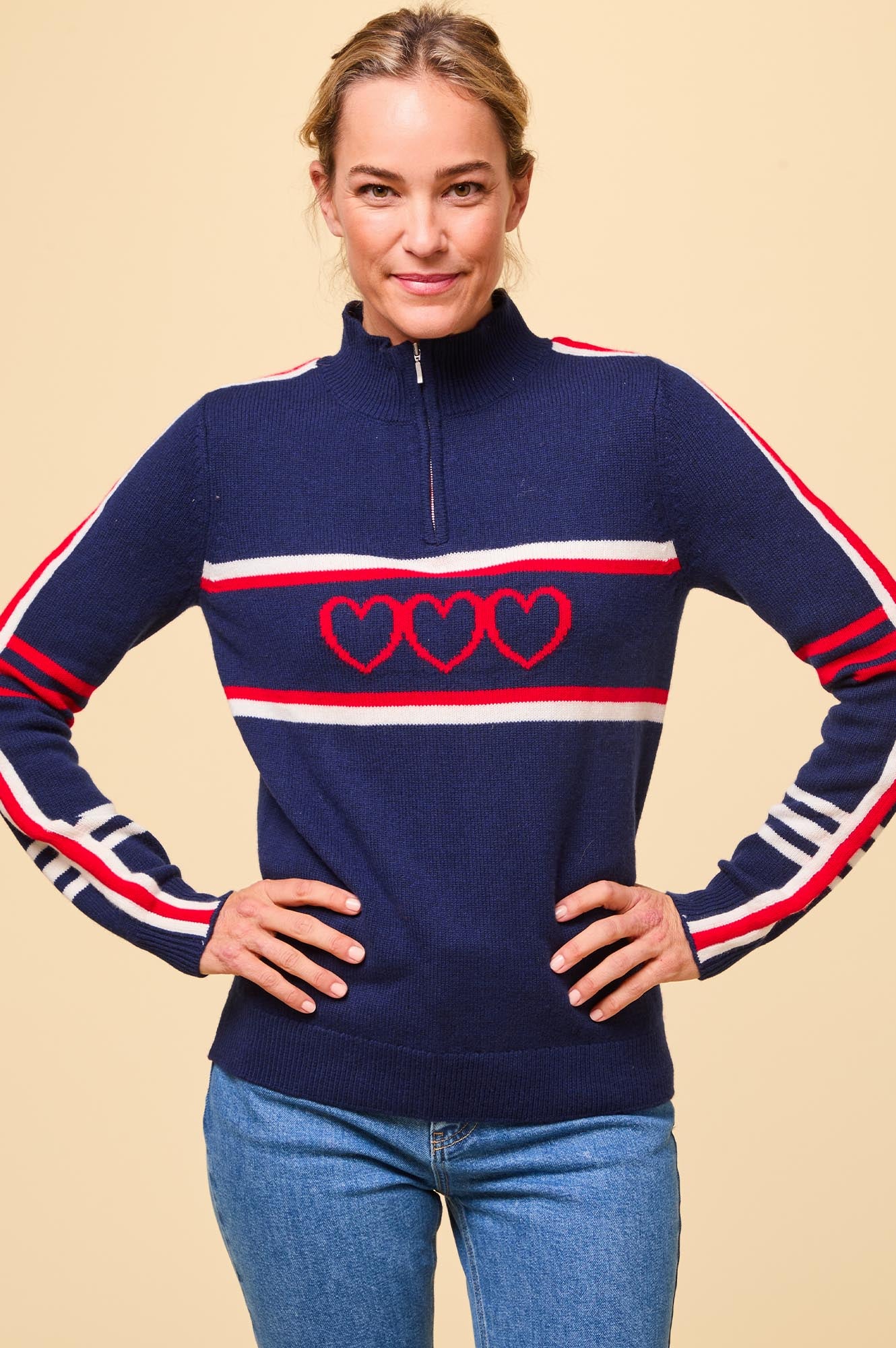 Merino Wool Stripe Hearts Quarter Zip | Navy/Cream/Red - Image 6