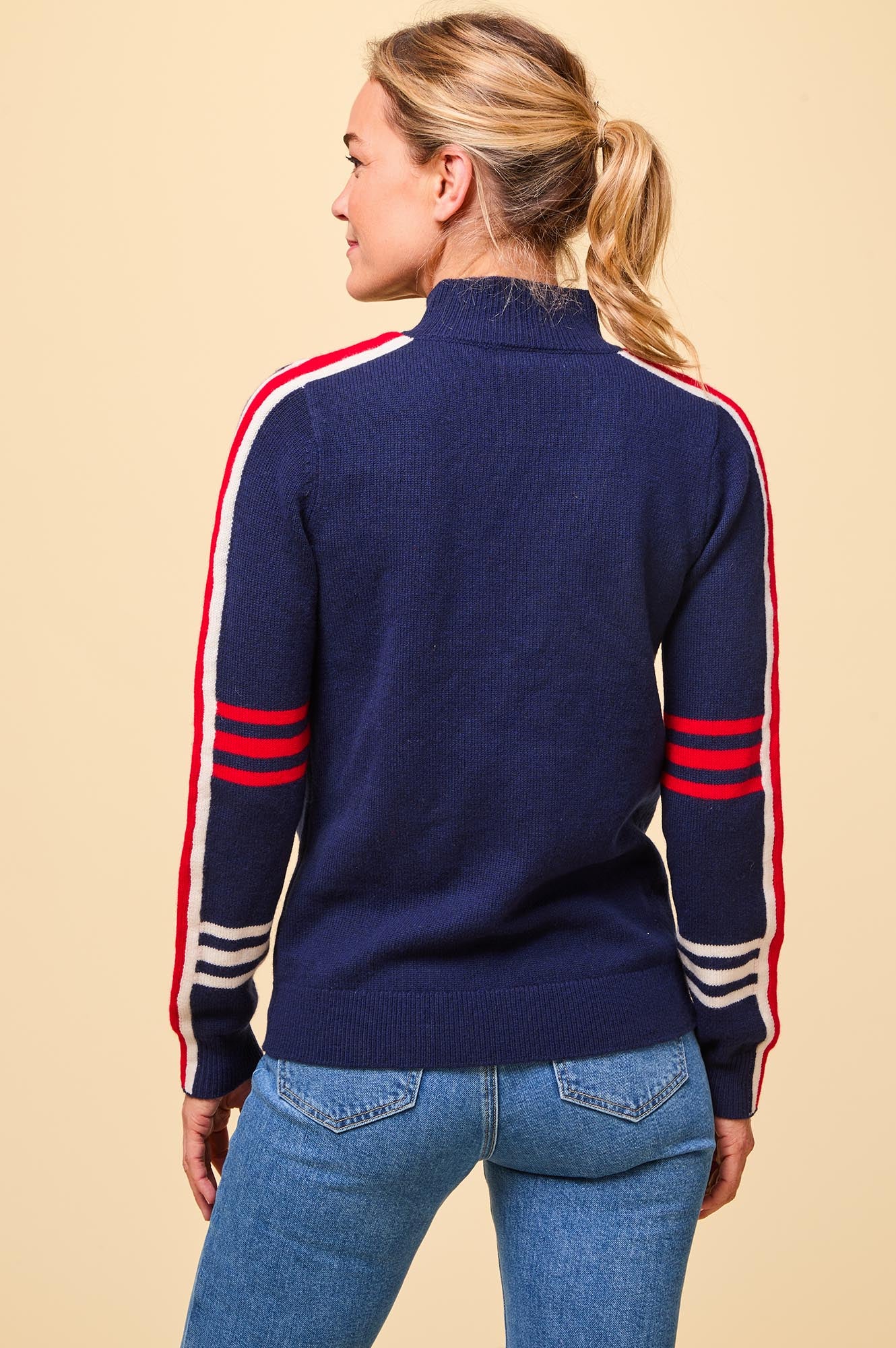 Merino Wool Stripe Hearts Quarter Zip | Navy/Cream/Red - Image 7