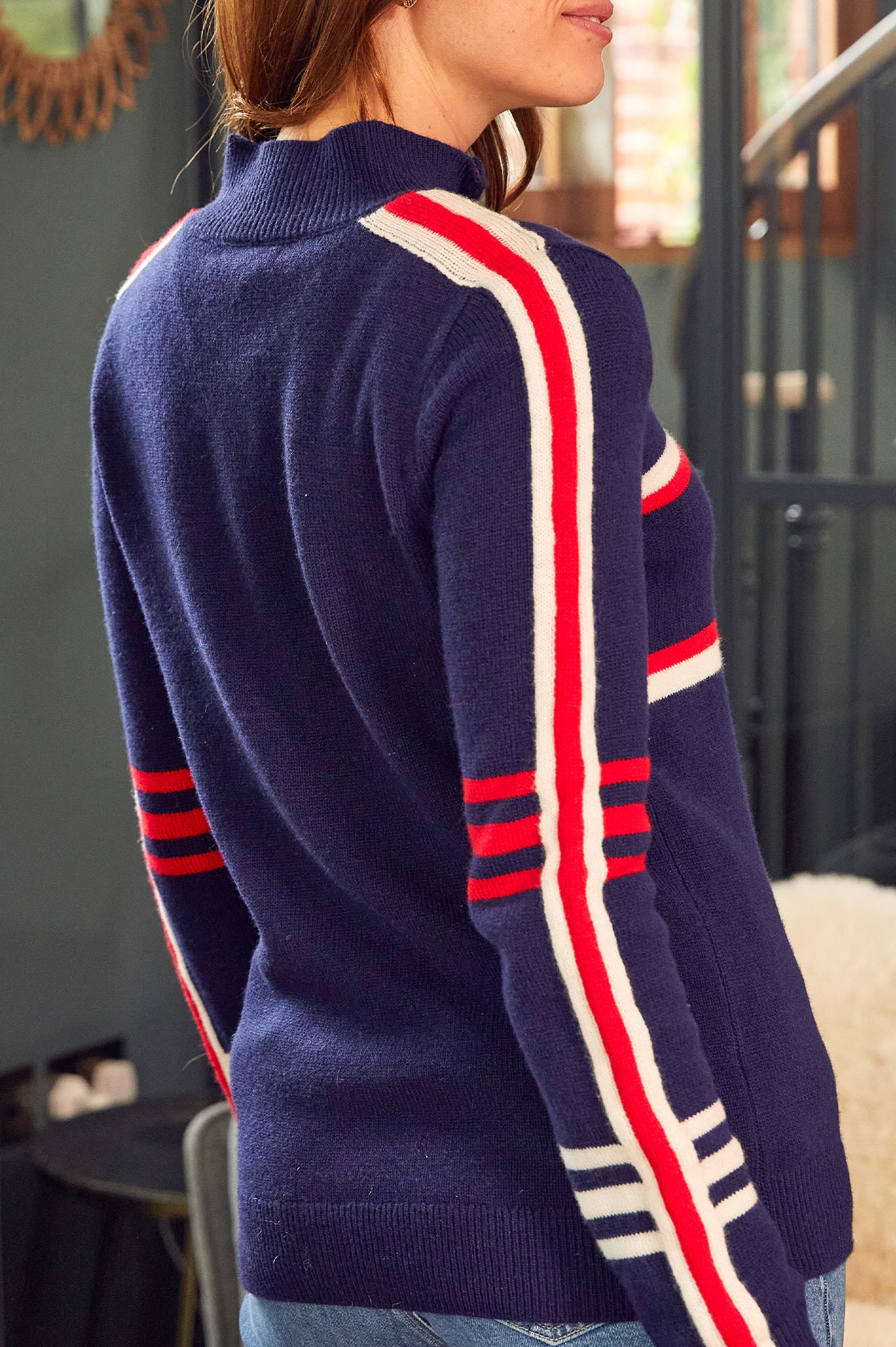Merino Wool Stripe Hearts Quarter Zip | Navy/Cream/Red - Image 8