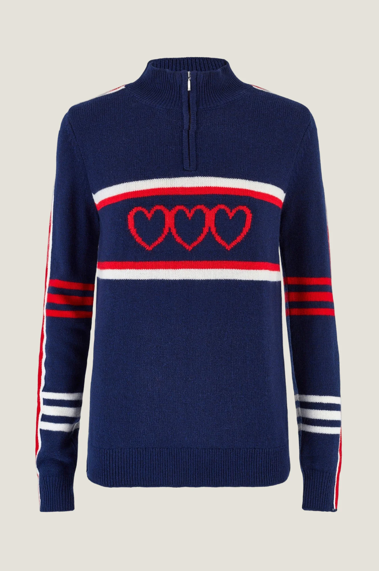 Merino Wool Stripe Hearts Quarter Zip | Navy/Cream/Red - Image 9