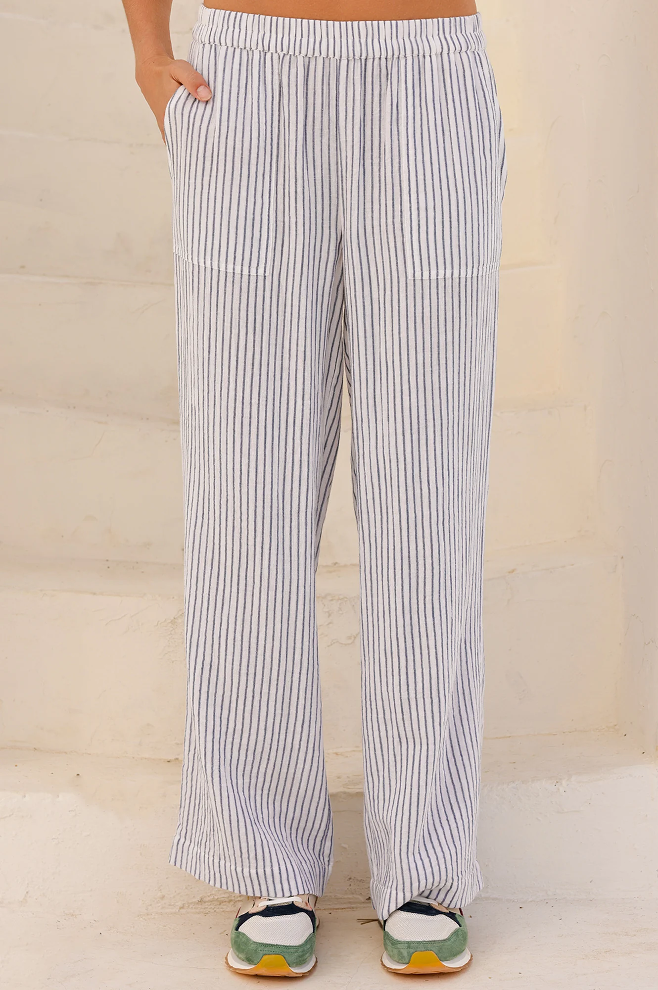 Stripe Organic Cotton Cheesecloth Trouser | White/Blue - Image 3