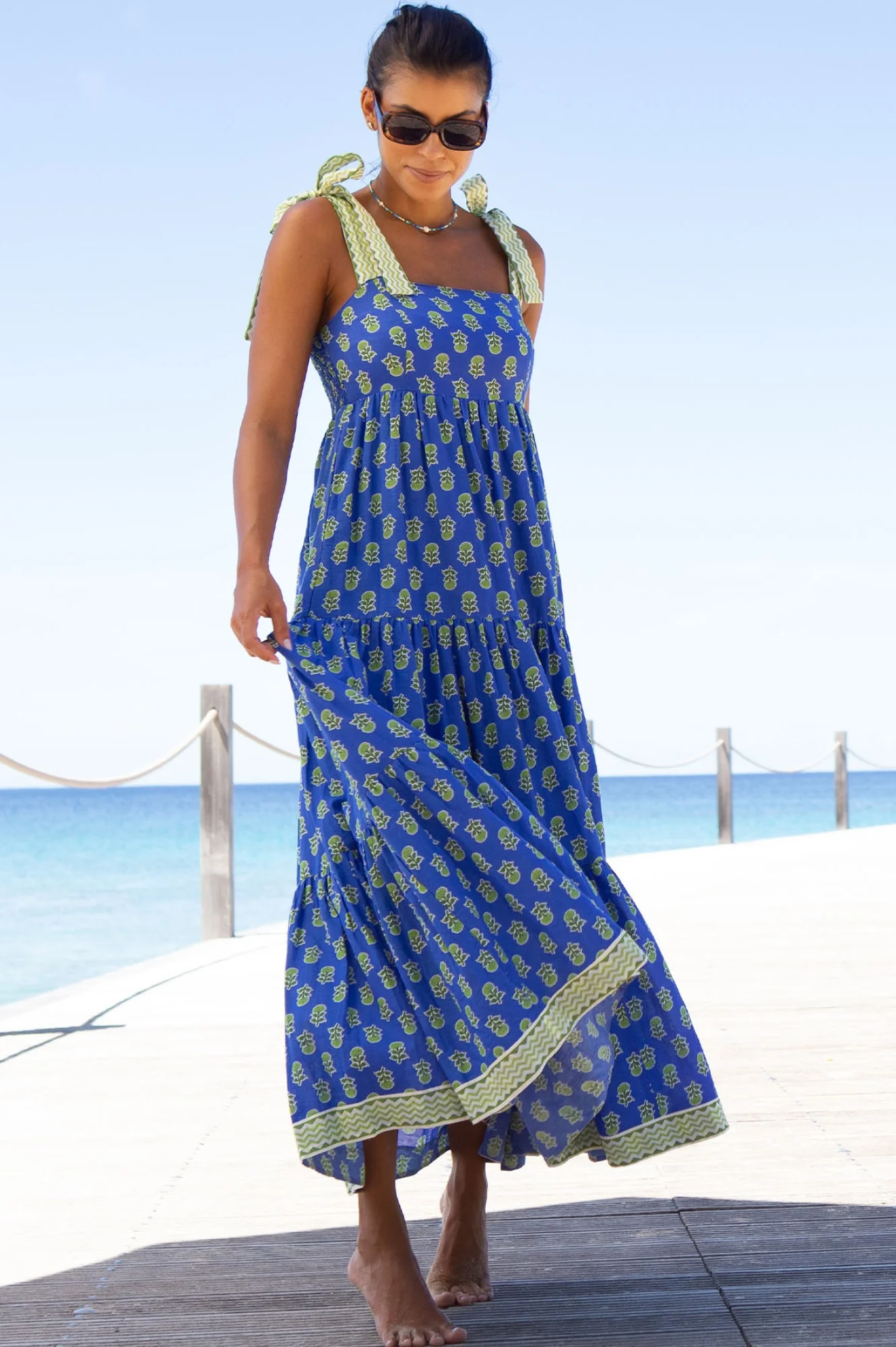 Tabitha Printed Organic Cotton Dress | Odisha Print Blue/Green - Image 3