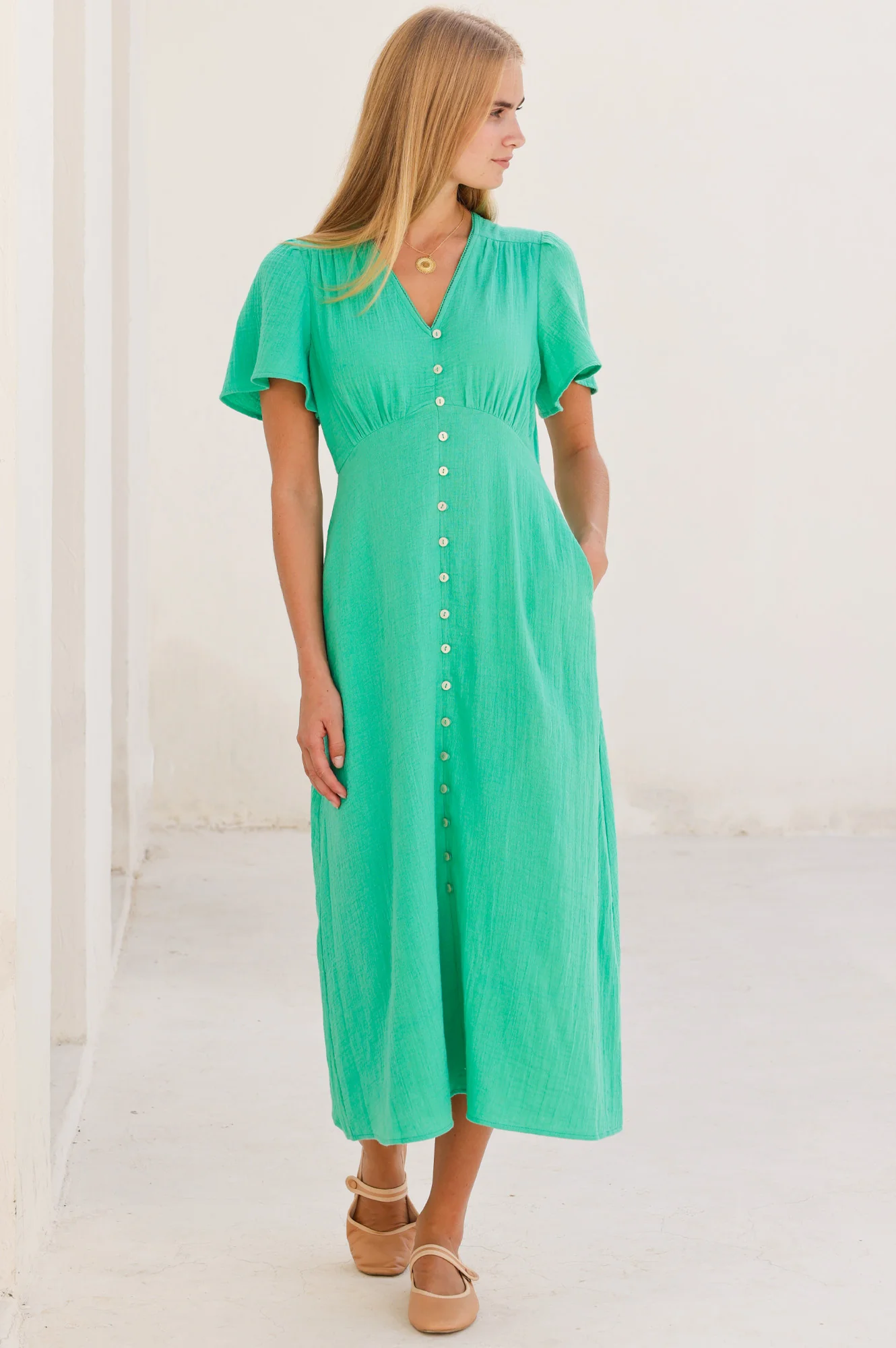 Tessa Organic Cotton Cheesecloth Dress | Green - Image 4