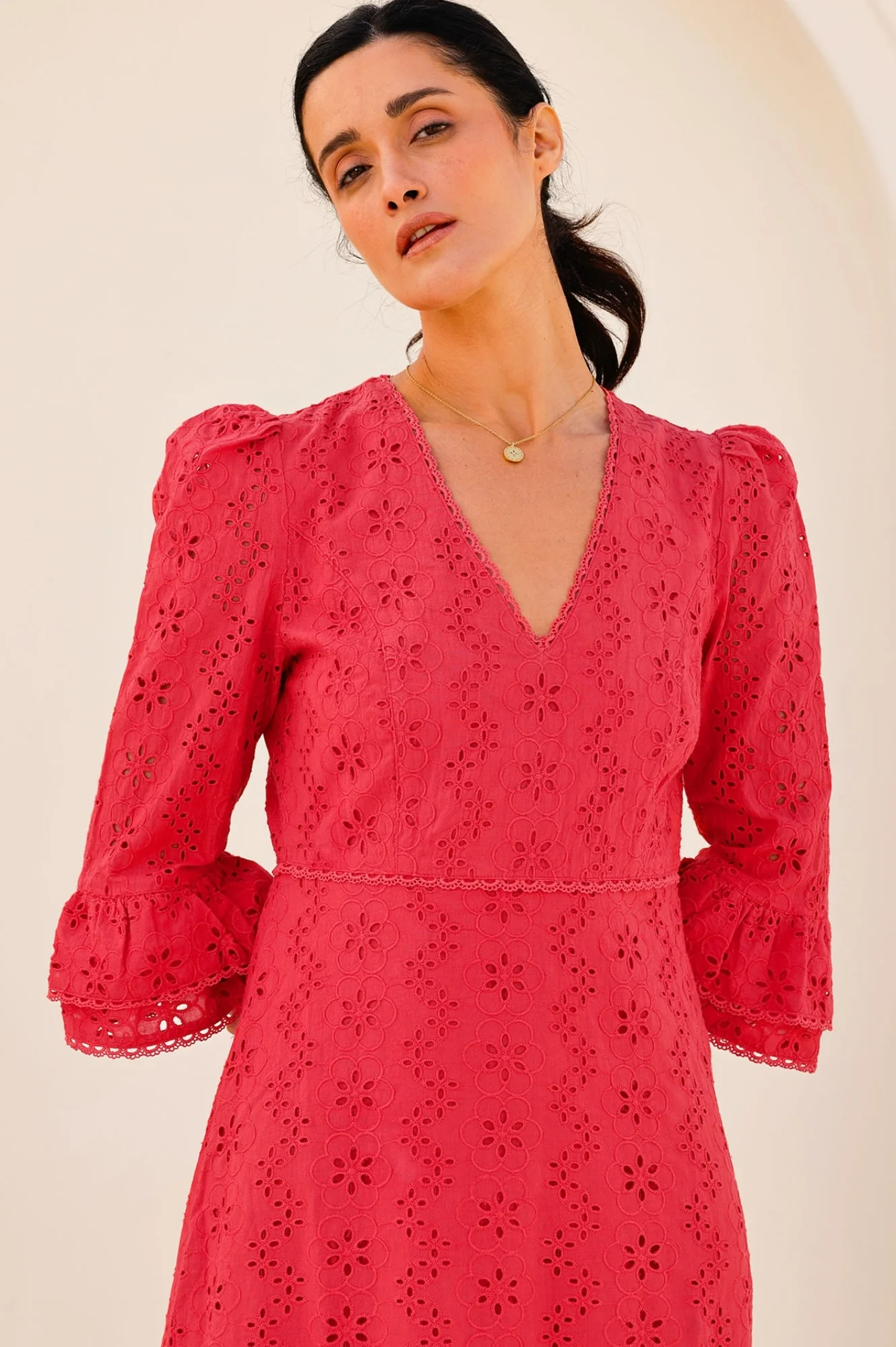 Victoria Cotton Broderie Dress | Red - Image 3