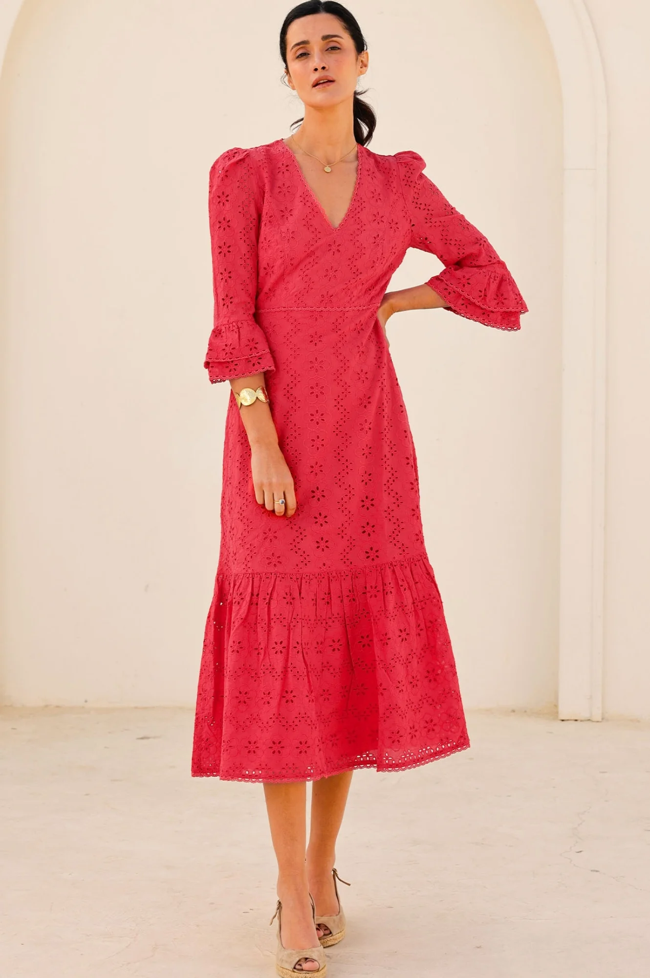 Victoria Cotton Broderie Dress | Red - Image 4