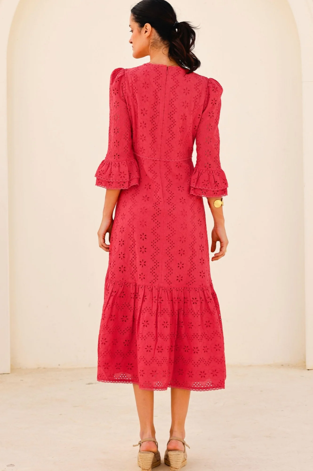 Victoria Cotton Broderie Dress | Red - Image 6