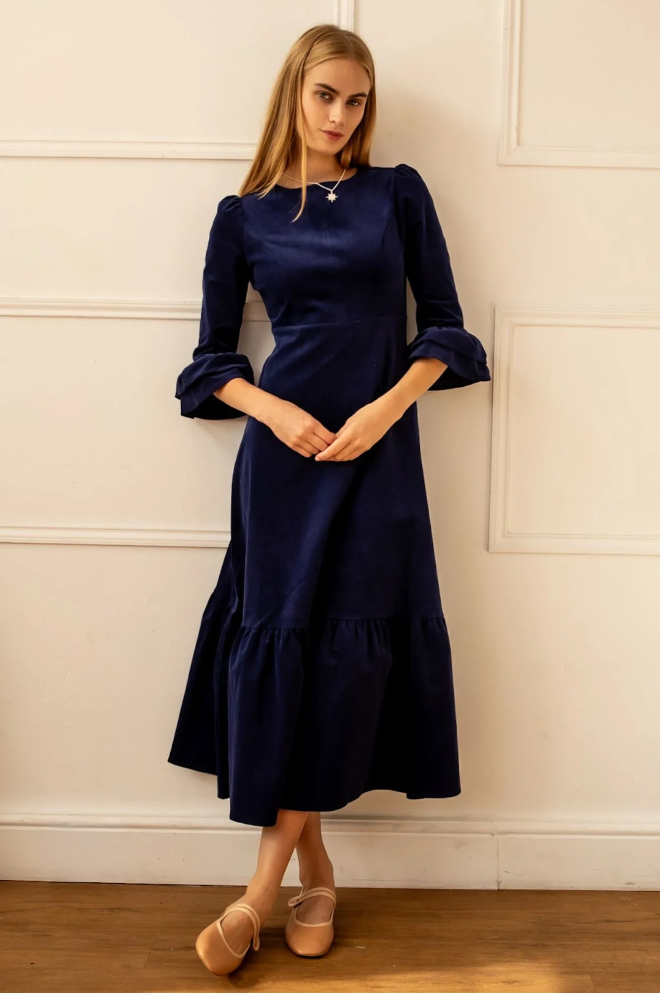 Victoria Round Neck 3/4 Sleeve Stretch Corduroy Dress | Atlantic Blue - Image 3