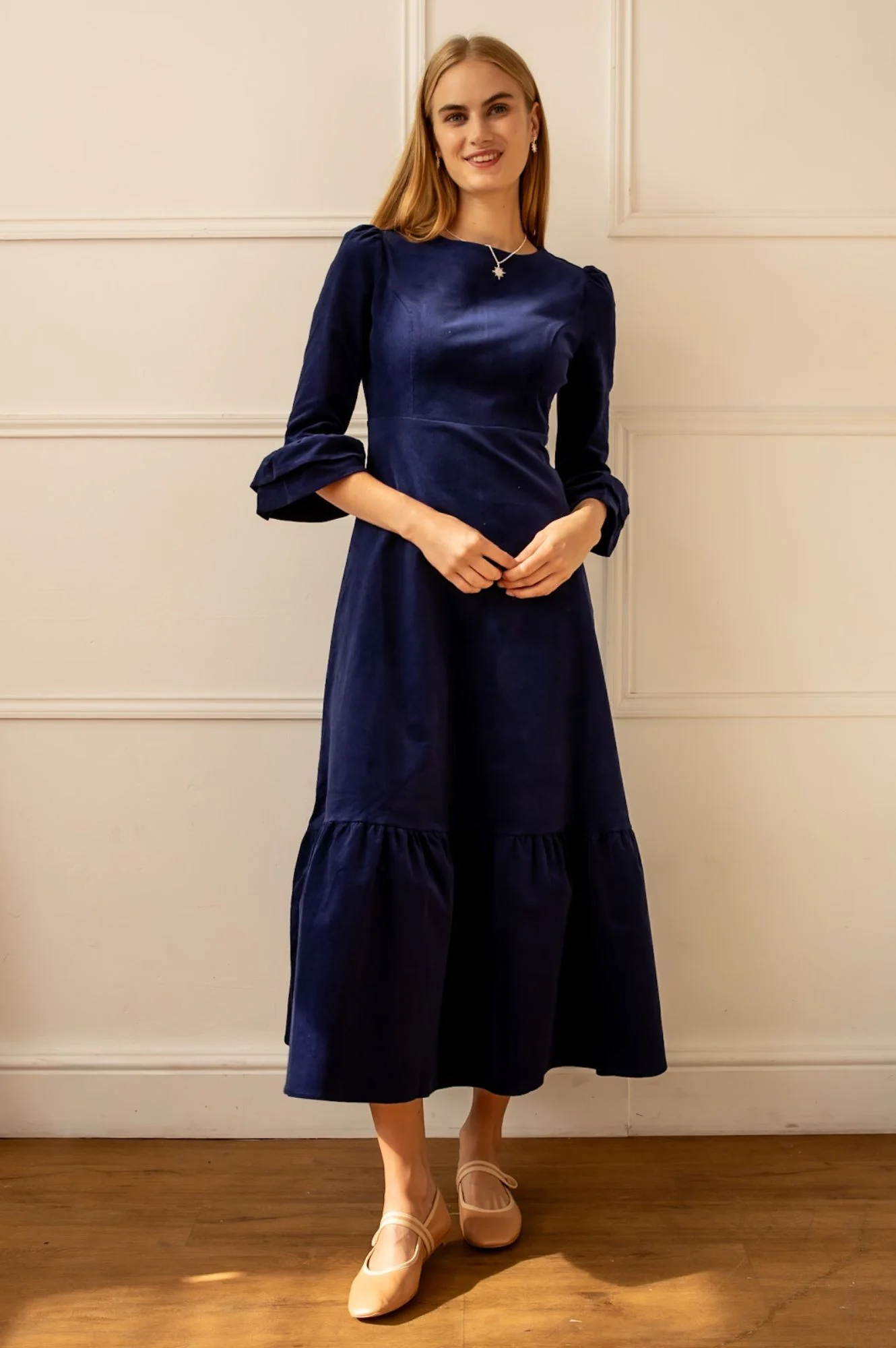 Victoria Round Neck 3/4 Sleeve Stretch Corduroy Dress | Atlantic Blue - Image 4