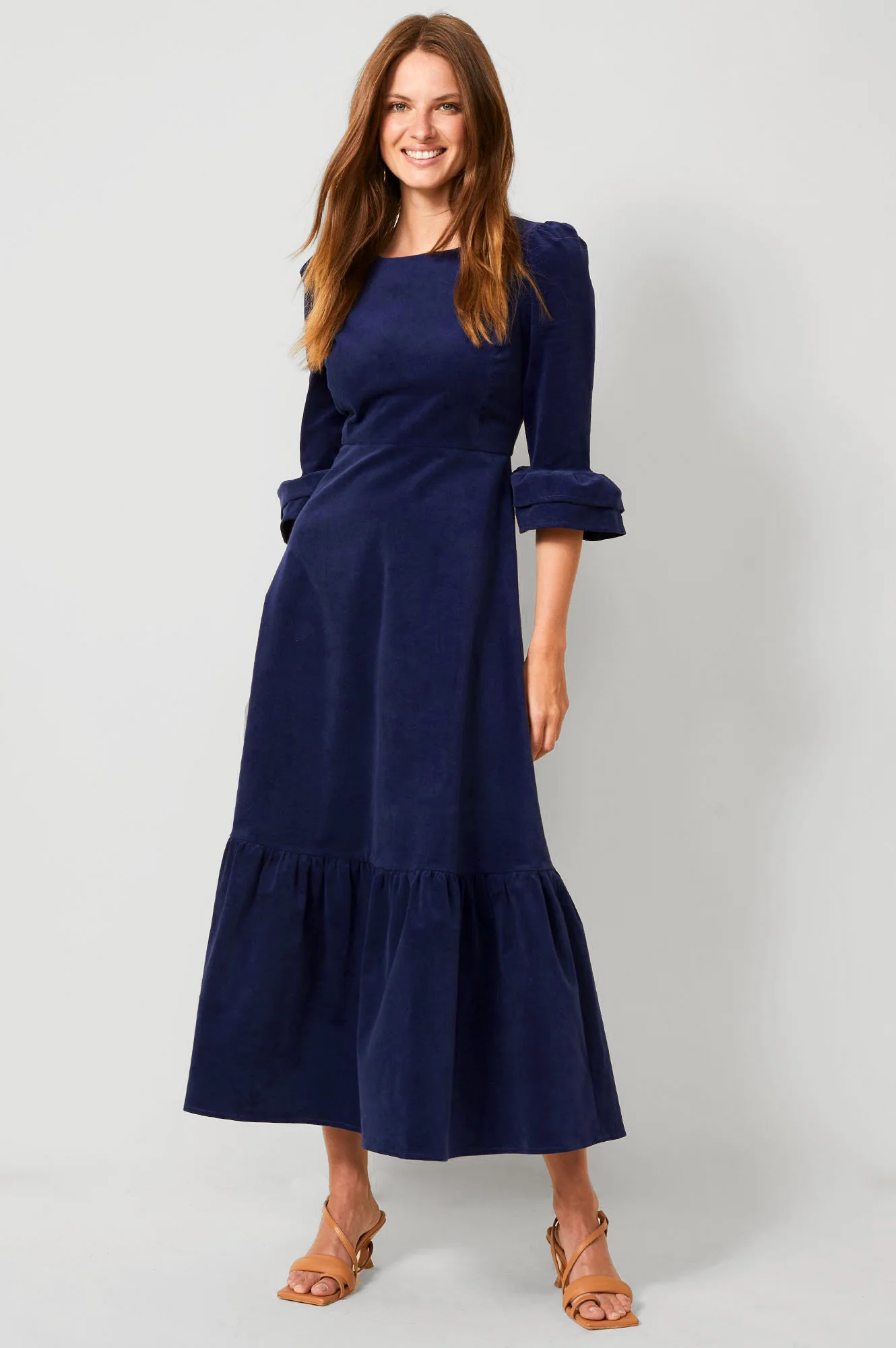 Victoria Round Neck 3/4 Sleeve Stretch Corduroy Dress | Atlantic Blue - Image 5