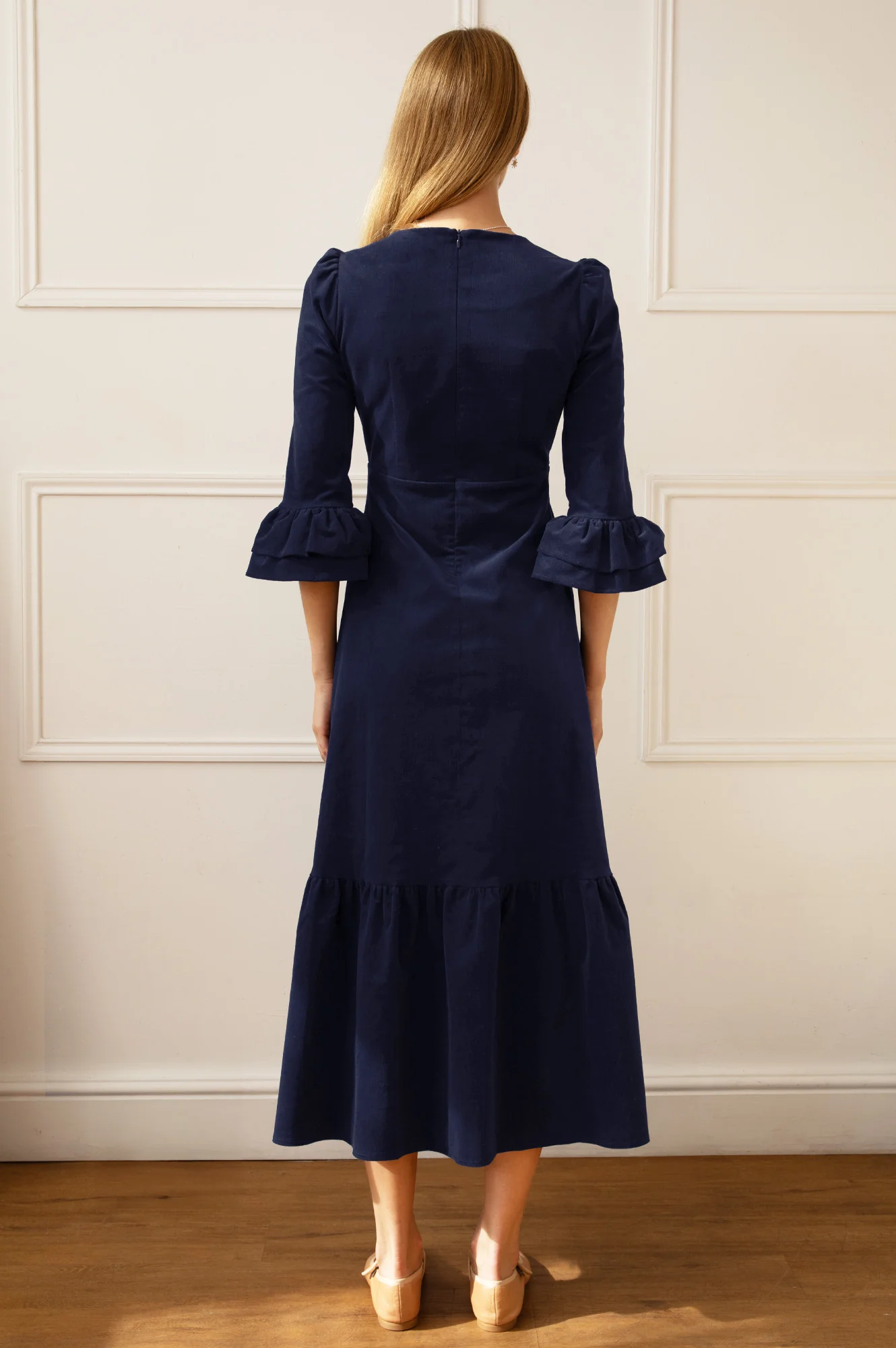 Victoria Round Neck 3/4 Sleeve Stretch Corduroy Dress | Atlantic Blue - Image 8