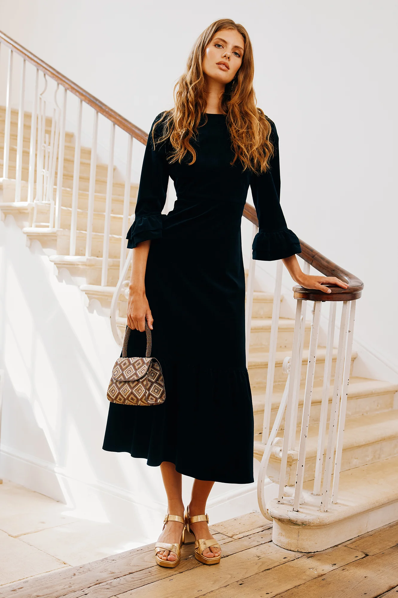 Victoria Round Neck 3/4 Sleeve Stretch Corduroy Dress | Black - Image 3