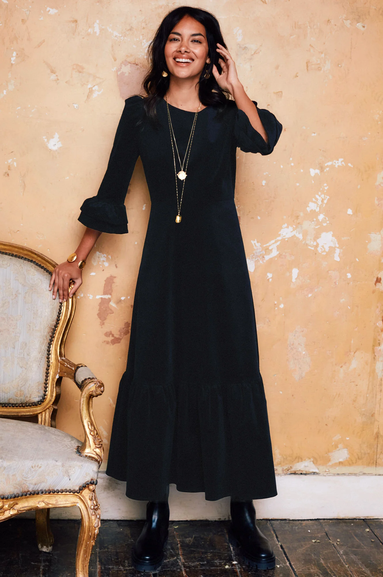 Victoria Round Neck 3/4 Sleeve Stretch Corduroy Dress | Black - Image 4