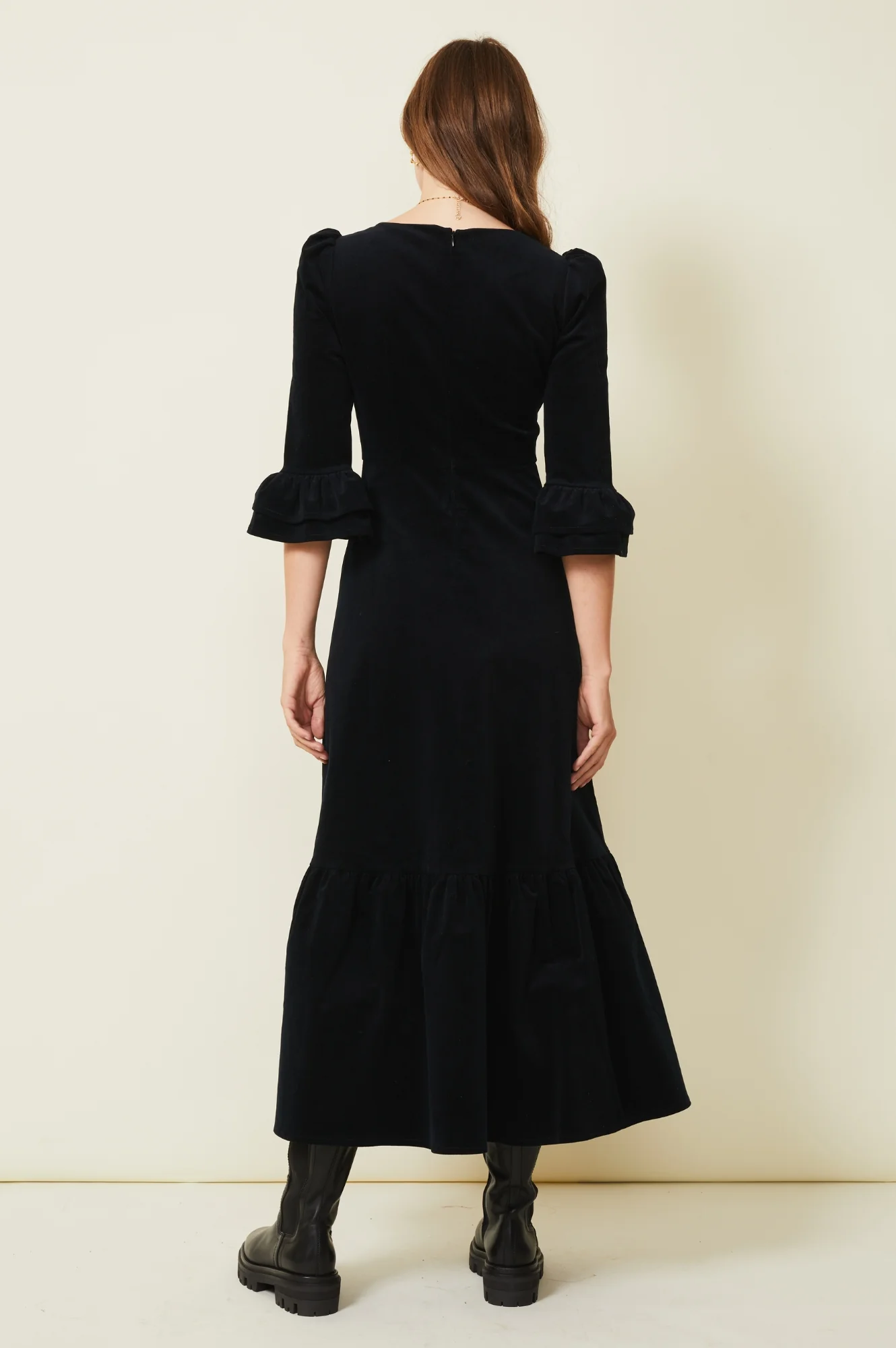 Victoria Round Neck 3/4 Sleeve Stretch Corduroy Dress | Black - Image 6