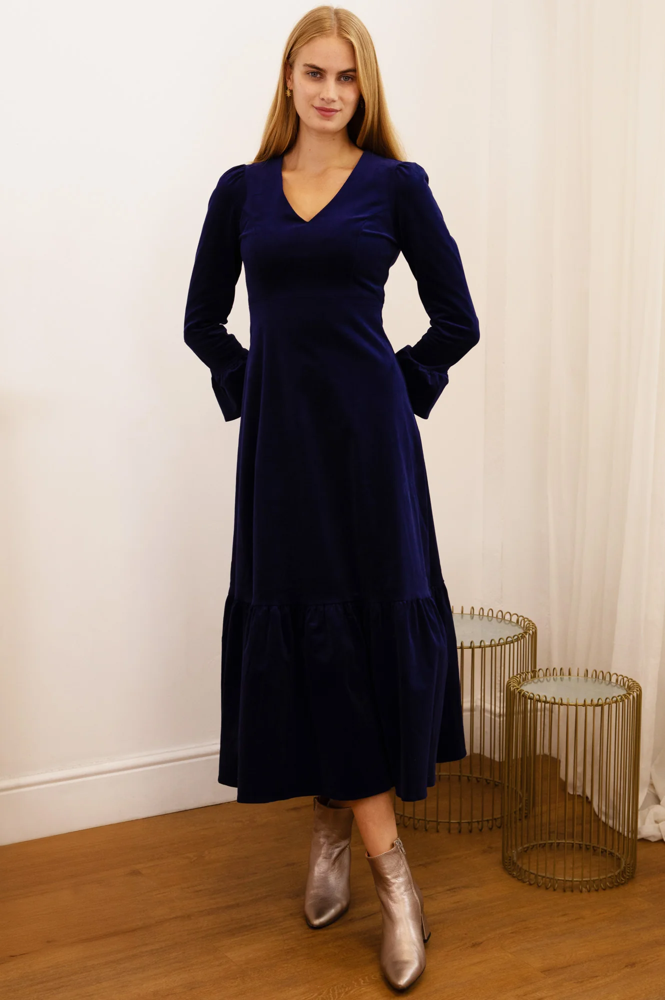 Victoria V-Neck Long Sleeve Stretch Corduroy Dress | Atlantic Blue - Image 3