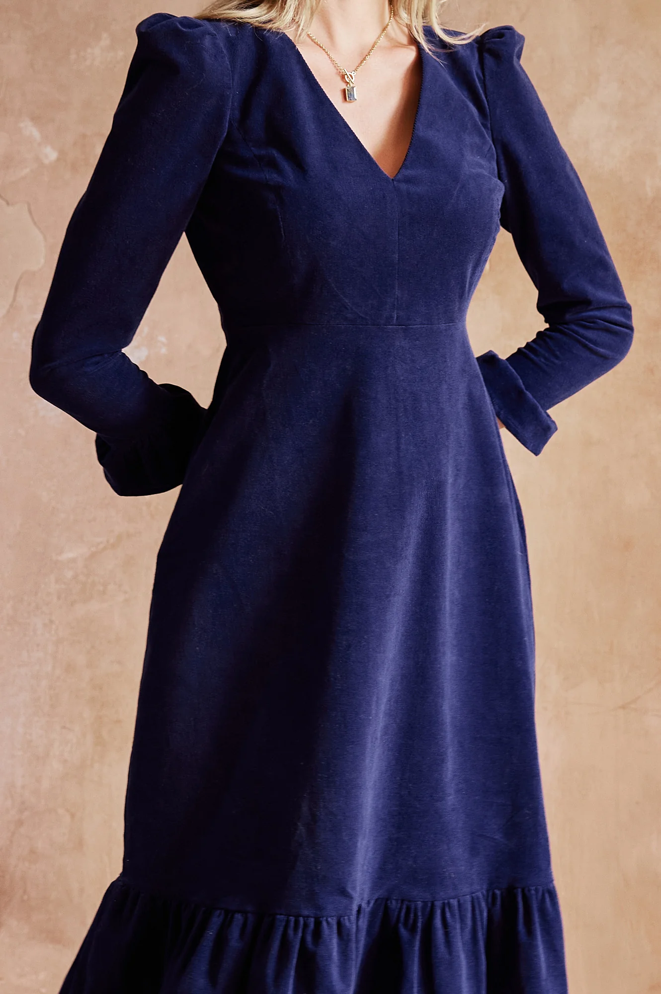 Victoria V-Neck Long Sleeve Stretch Corduroy Dress | Atlantic Blue - Image 4