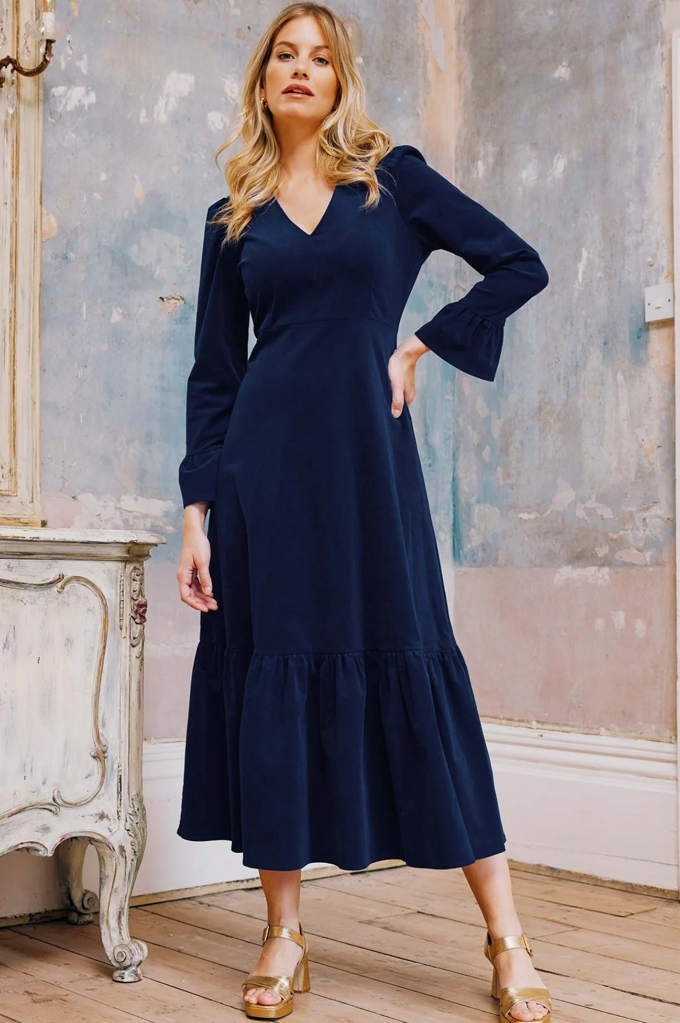 Victoria V-Neck Long Sleeve Stretch Corduroy Dress | Atlantic Blue - Image 5