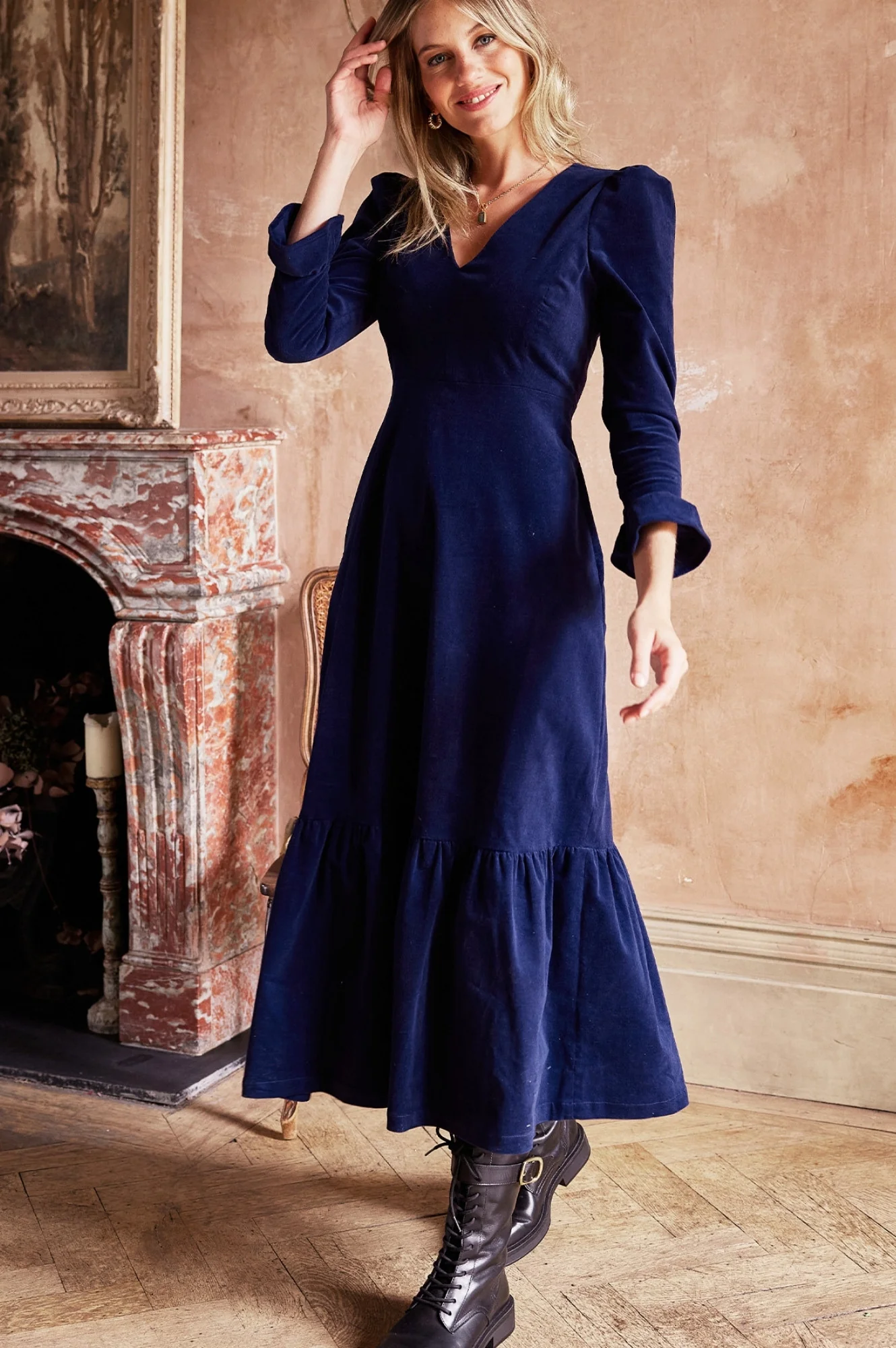 Victoria V-Neck Long Sleeve Stretch Corduroy Dress | Atlantic Blue - Image 6