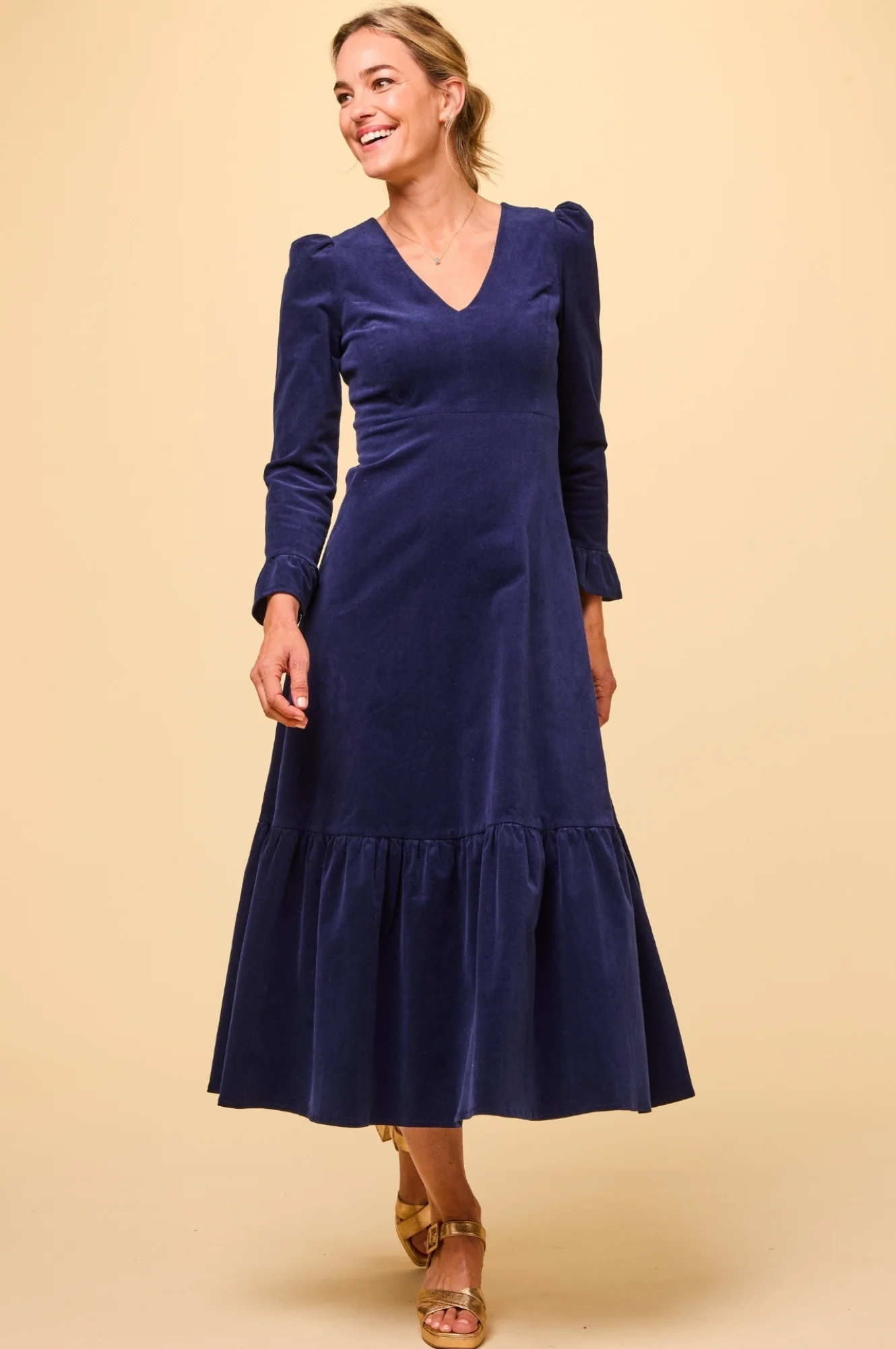 Victoria V-Neck Long Sleeve Stretch Corduroy Dress | Atlantic Blue - Image 7