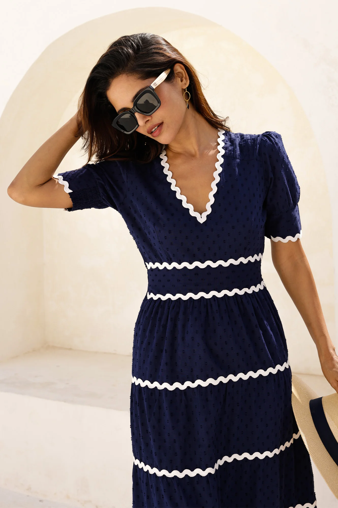 Viola Short Sleeve Organic Cotton Ric Rac Dress | Navy/Ivory - Image 3