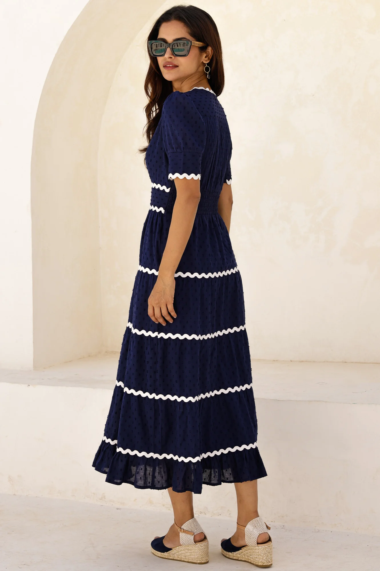 Viola Short Sleeve Organic Cotton Ric Rac Dress | Navy/Ivory - Image 4