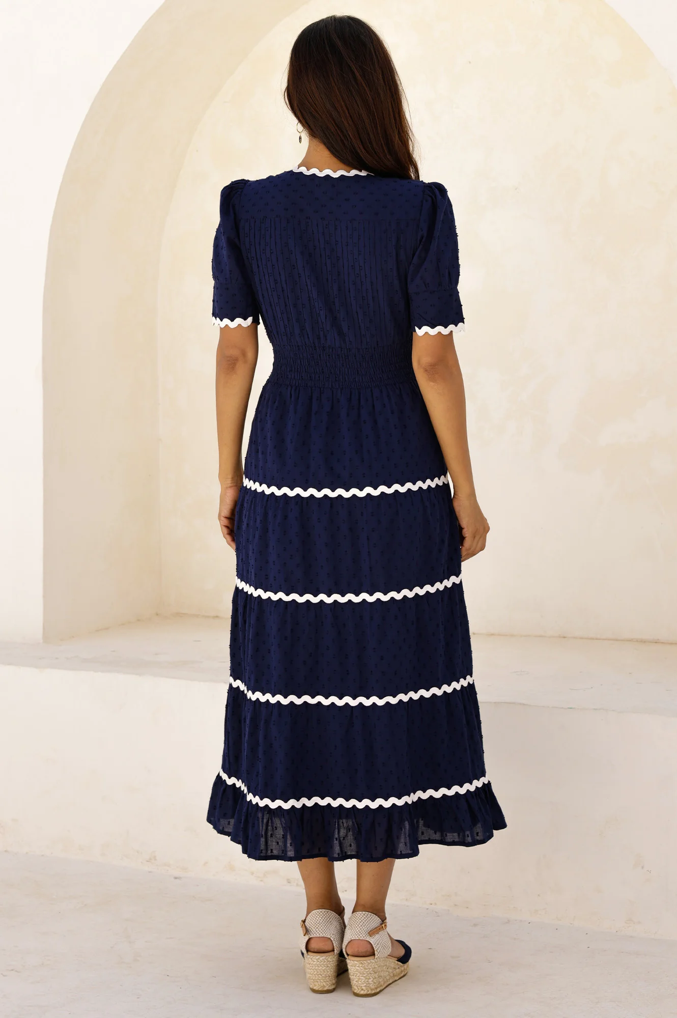 Viola Short Sleeve Organic Cotton Ric Rac Dress | Navy/Ivory - Image 6