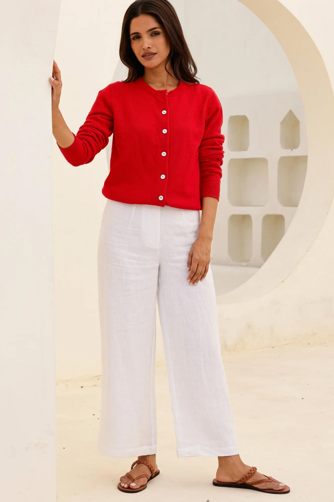 Wide Leg Linen Cropped Trousers | White - Image 3